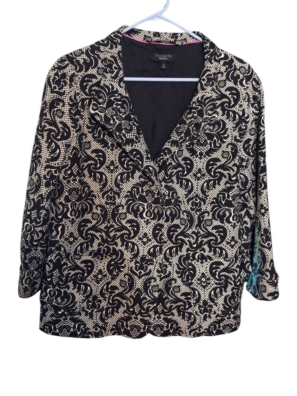 Talbots Black and Cream Scroll-Print Two Button W/ Pockets Blazer sz 12